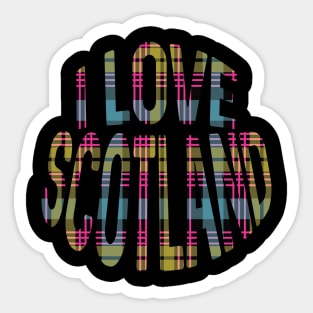 I LOVE SCOTLAND Pink, Yellow and Blue Tartan Colour Typography Design Sticker